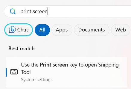 Screenshot showing the windows start menu/search functionality. Search term: 'print screen'. Result: option to take you to the system settings to toggle the 'Use the Print screen key to open Snipping Tool' option.
