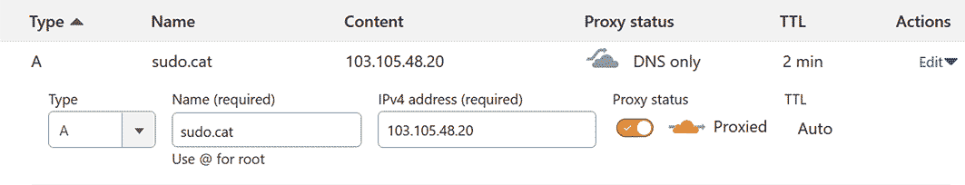 Screenshot showing a DNS A record in the Cloudflare web panel. The orange proxied icon shows traffic is running through Cloudflare's servers.