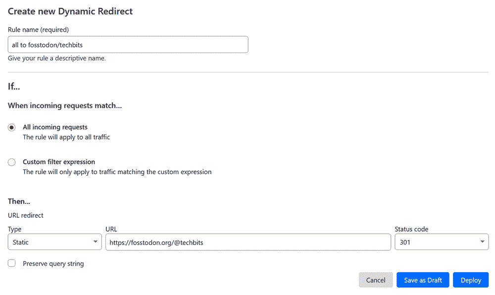 Screenshot showing the creation of a broad Cloudflare dynamic redirect