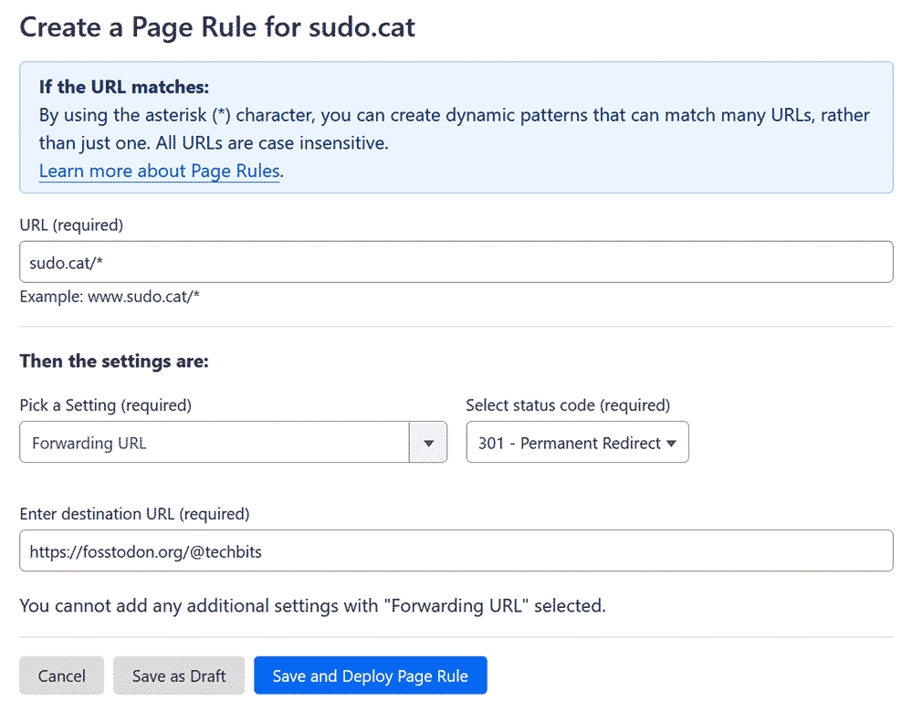 Screenshot showing a broad redirect of all traffic using Cloudflare's Page Rules.