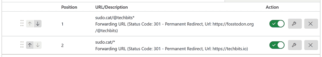 screenshot showing two Cloudflare pages rules, the first which redirects the @user account to the new Mastodon account, and the other that redirects all other requests to a different location.