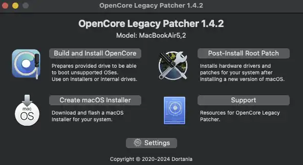 Screenshot showing the main interface of OpenCore Legacy Patcher 1.4.2
