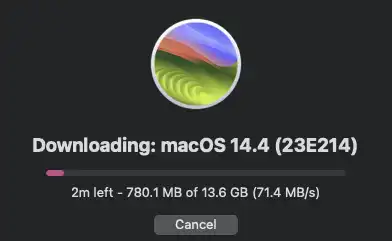 OpenCore Legacy Patcher screenshot: showing a progress bar of the download of macOS 14.4