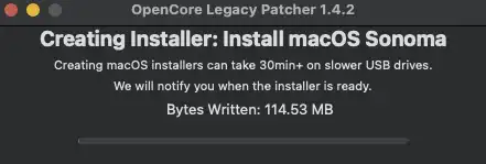 OpenCore Legacy Patcher screenshot: showing the progress of writing the macOS install to USB stick