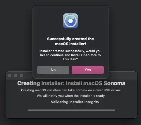 OpenCore Legacy Patcher screenshot: prompt showing that the USB creation is complete. Asking whether to install OpenCore to this disk.