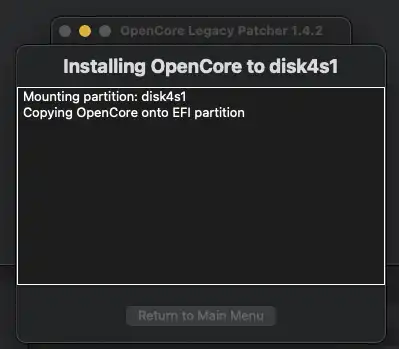 OpenCore Legacy Patcher screenshot: showing the progress of installing OpenCore to USB stick