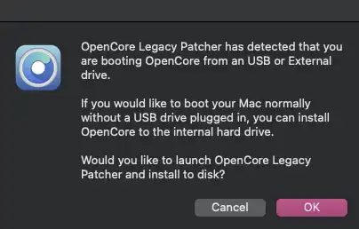 OpenCore Legacy Patcher screenshot: prompt explaining that OCLP detects system has booted from the USB's EFI partition. Asks if this should be installed to internal disk.