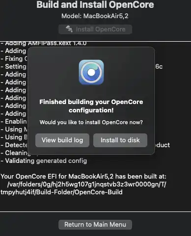 OpenCore Legacy Patcher screenshot: OpenCore build complete, prompt asking for confirmation to install this to the internal disk.