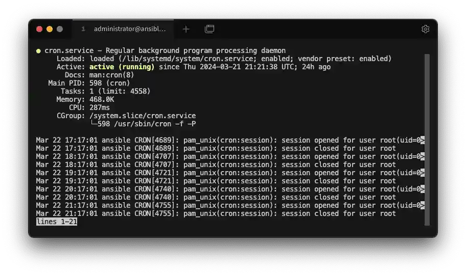 Screenshot showing the output of the linux command `systemctl status cron`