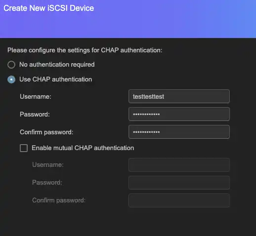 Screenshot showing the CHAP authentication options. The pane defaults to 'No authentication required', but 'Use CHAP authentication' has been selected, and the username 'testtesttest' has been entered. An obscured password and confirmation have been entered. The checkbox for 'Enable mutual CHAP authentication' remains unchecked.