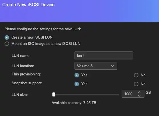 Screenshot showing the LUN creation window. 'Create a new iSCSI LUN' radio option is selected (the other option being 'Mount an ISO image as a new iSCSI LUN'). The LUN name is set as 'lun1'. The location drop down field has been changed to 'Volume 3'. Thin Provisioning and Snapshot support have 'Yes' selected. The LUN size has been set to 1000GB. The view shows that the available capacity remaining on this volume is 7.25 TB.