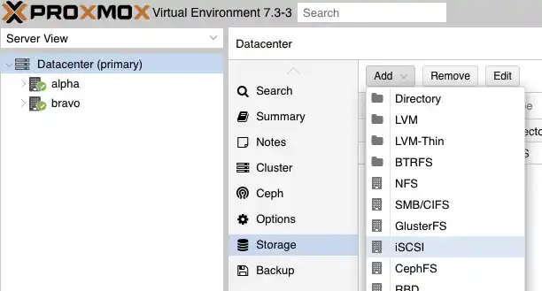 Screenshot showing the Proxmox VE interface. Shows the Datacenter view. 