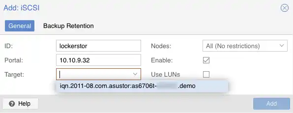 Screenshot showing iSCSI addition modal window. The configured iSCSI target & portal is being added.