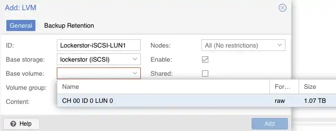 Screenshot of the Proxmox VE 'Add: LVM' modal window. Shows the LVM ID being set, the storage location being chosen, and the base volume LUN being set.