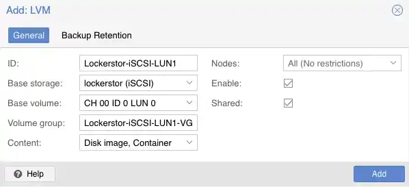 Screenshot of the 'Add: LVM' modal window showing the completed form, as per previous screenshot, plus the Enable and Shared checkboxes being set.