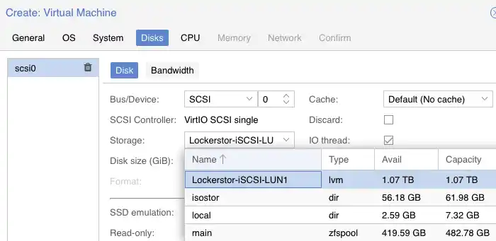 Screenshot of the Proxmox web interface, showing the 'Create: Virtual Machine' windows as a demonstration of the newly added lvm option being available for VM storage.