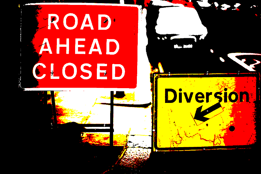 stylised image of a diversion and 'road ahead closed' road sign.