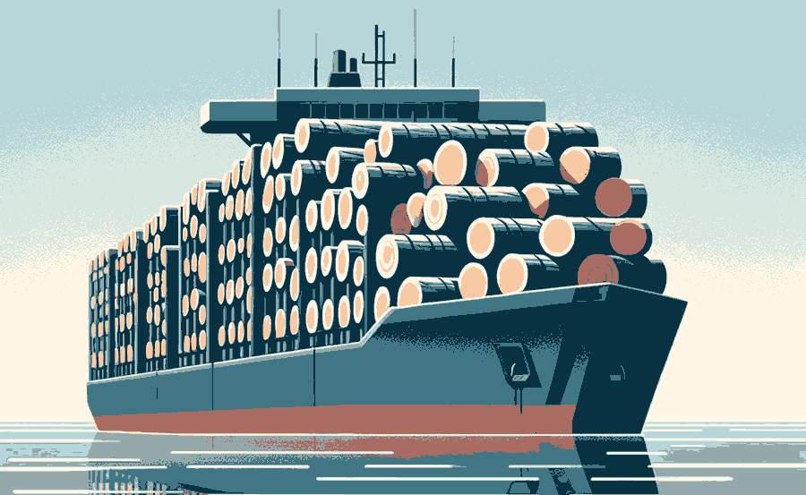 A cartoony image of a freight ship carring lots of chopped trees/logs. Log shipping... get it?