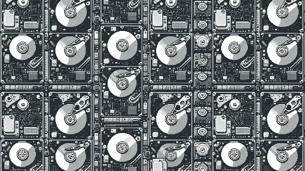 2 tone AI created image of a bunch of hard drives and their internals.